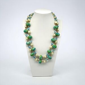 💎Vintage Vendome Two Strand Blue Green Swirl Sugar Bead & Pearl Necklace 24-26”💎